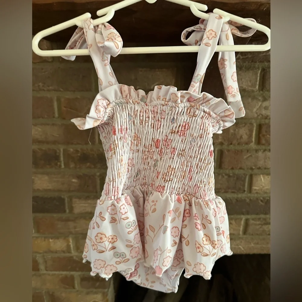 Charming Mary Smocked Floral One Piece Swimsuit Tie Shoulder Baby Girl Pink